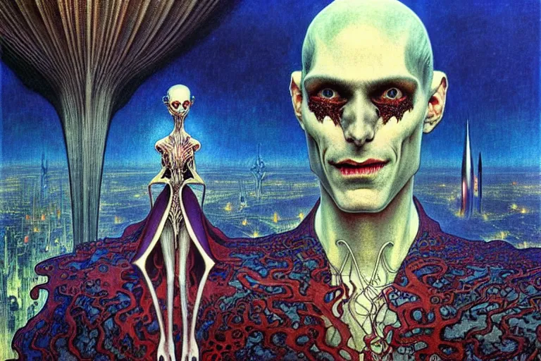 Image similar to realistic extremely detailed portrait painting of an elegantly creepy vampire man in a cape, futuristic sci-fi city on background by Jean Delville, Amano, Yves Tanguy, Alphonse Mucha, Ernst Haeckel, Edward Robert Hughes, Roger Dean, rich moody colours, blue eyes