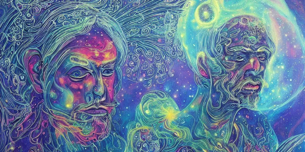 Prompt: a beautiful cosmic detailed painting of an spiritual mystic man in a new world with strage but beautiful beings and psychedelic surreal forms