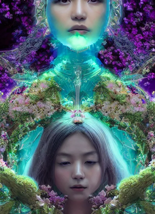 Prompt: portrait of Lalisa Manobal as a Celestial Goddess of a futuristic pearlescent holographic, inside future fighter, sci-fi, fantasy, intricate, lush garden spaceship with sakura season flowers in Kyoto Japan, elegant, human anatomy, royal green and nature light, highly detailed, digital painting, artstation, concept art, smooth, sharp focus, illustration, art by James Jean, masterpiece, 3d blender