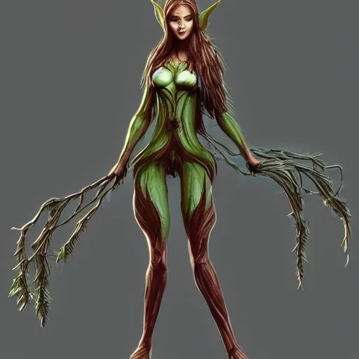 Image similar to female elf, tree person, warhammer aelf dryad, dynamic pose, elongated legs, long fingers, talons, terrifying, dark, fog, artstation