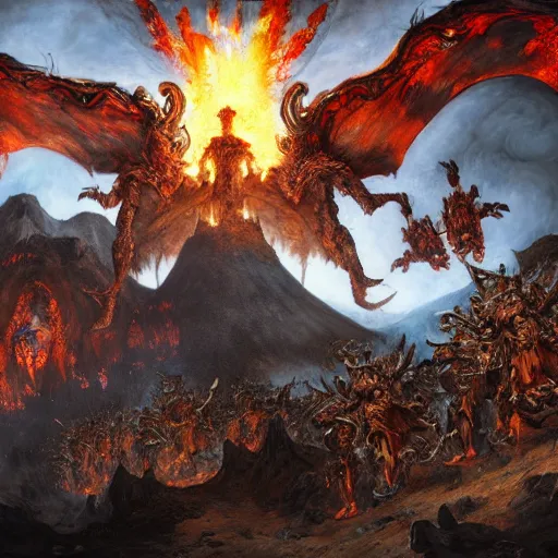 Image similar to an army of demons flying out of a volcano with flag bearers and trumpeters, intricate detail, royo, vallejo, frazetta, giger, klimt, miro, whealan, hd, unreal engine,