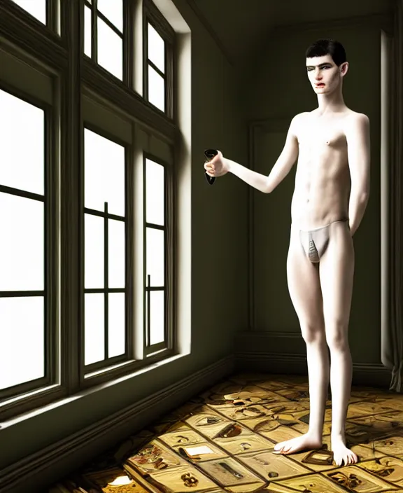 Prompt: androgynous male with black short hair and pale skin is standing in front of a mirror surrounded by victorian interior in a room with tall windows and moos green flooring. by leonardo da vinci, volumetric lighting, petspective room layout