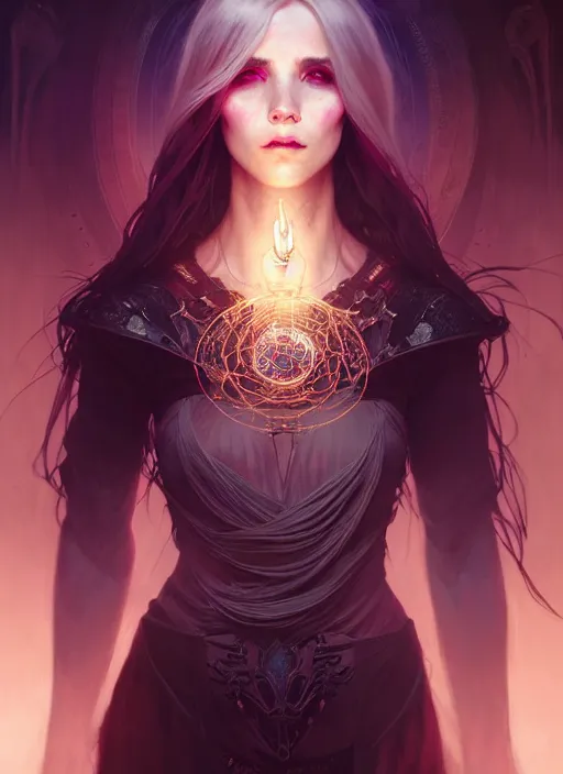 Image similar to Necromancer Sorceress, fantasy magic, undercut hairstyle, dark light night, intricate, elegant, sharp focus, illustration, highly detailed, digital painting, concept art, matte, art by WLOP and Artgerm and Greg Rutkowski and Alphonse Mucha, masterpiece