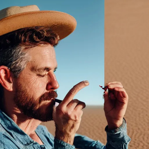 Image similar to photograph of a man wearing cameo in the desert and eating crayons