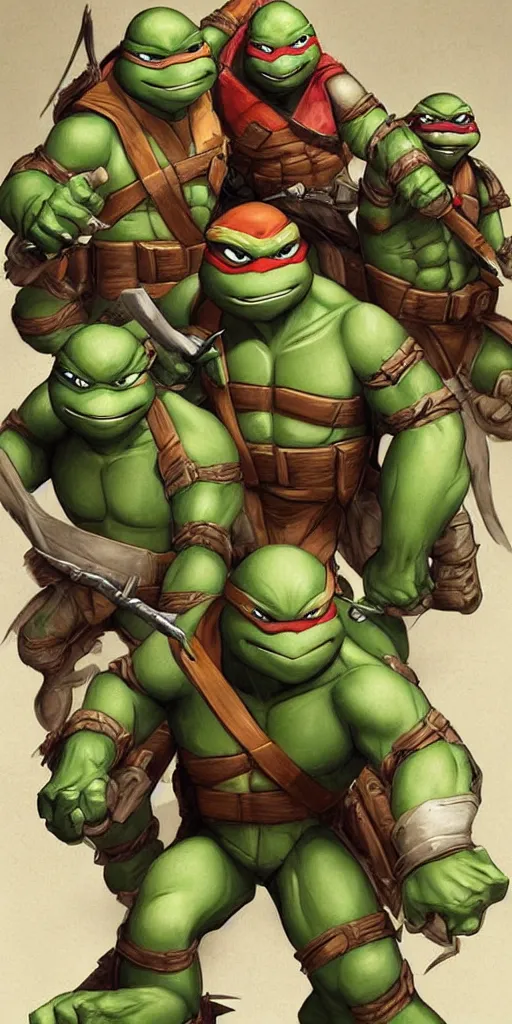 Prompt: Teenage mutant ninja turtle character concept art by carlos huante