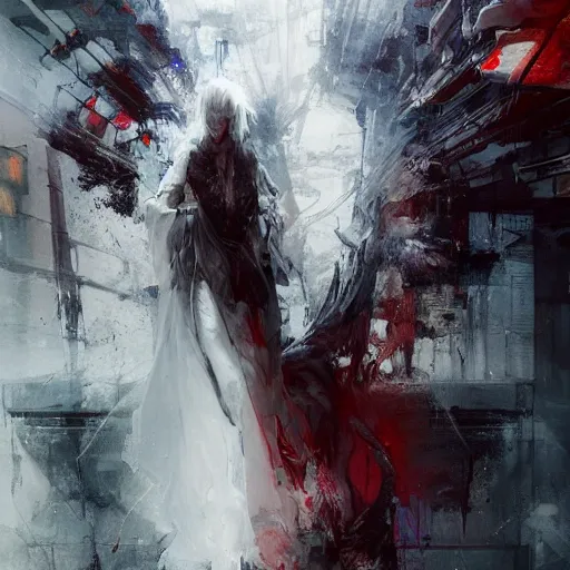 Prompt: a humanoid cyberpunk white dragon wearing a white mage robe by melmoth zdzislaw belsinki craig mullins yoji shinkawa realistic render ominous detailed photo atmospheric by jeremy mann francis bacon and agnes cecile ink drips paint smears digital glitches glitchart, realistic anime, dramatic lighting, red light, red highlights