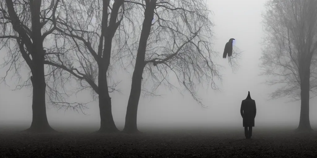 Image similar to a man with a raven head standing in the mist, fog, scary