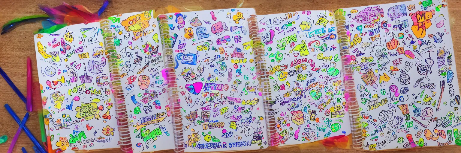 Image similar to a school notebook covered in doodles, stickers, glitter, and holographic stickers