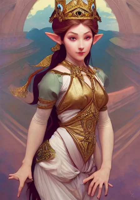 Image similar to zelda triforce princess, dance, intricate, elegant, highly detailed, digital painting, artstation, concept art, smooth, sharp focus, illustration, art by artgerm and greg rutkowski and alphonse mucha and william - adolphe bouguereau