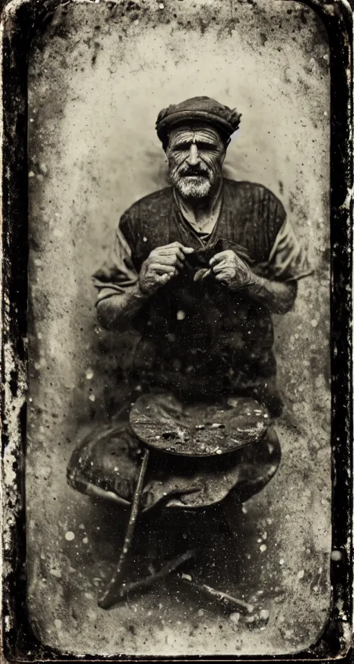 Image similar to a wet plate photograph, a portrait of a middle-aged cobbler