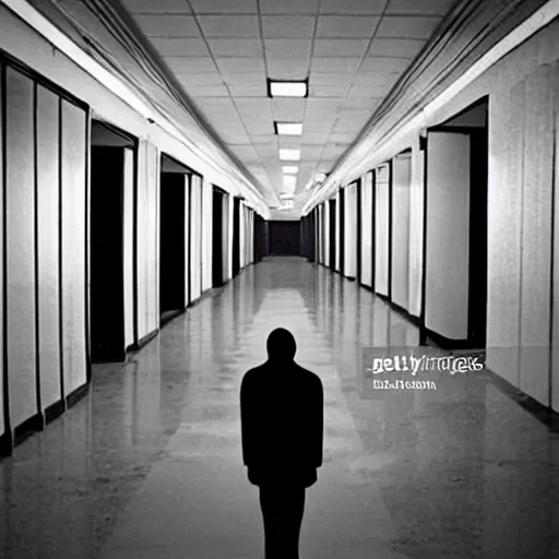 Image similar to a dark figure at the end of a creepy empty office hallway. movie still. craiglist photo.