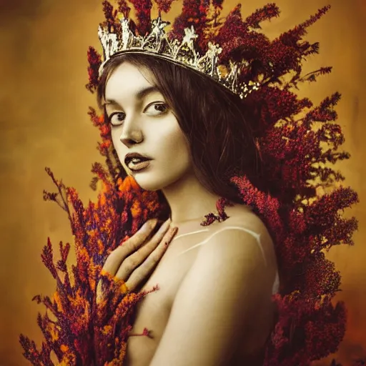 Prompt: fine art photo of the beauty goddess zozibini tunzi, she has a crown of dried flowers, by oleg oprisco