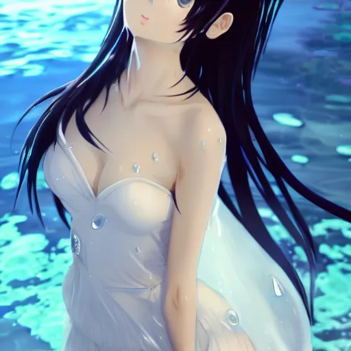 Prompt: a very beautiful anime girl wearing a dress made of water standing in a crystal lake , full body, very long black hair, azure blue watery eyes, full round face, seductive stare, cinematic lighting, medium shot, mid-shot, highly detailed, trending on artstation, Unreal Engine 4k, Stanley Artgerm Lau, WLOP, Rossdraws, James Jean, Andrei Riabovitchev, Marc Simonetti, and Sakimichan