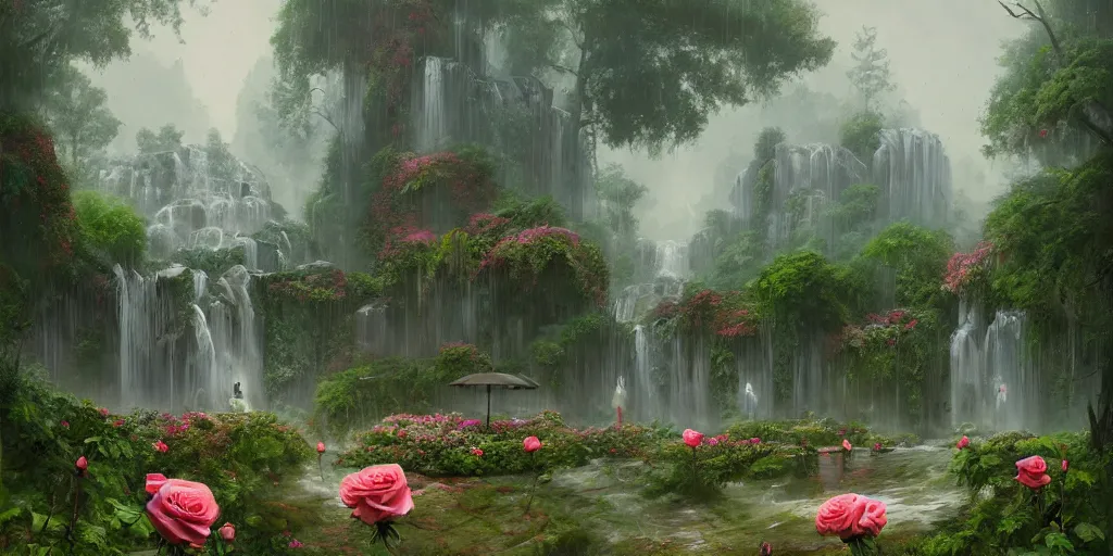 Prompt: a rainy scene a manicured garden matte painting with roses, trees, and a waterfall abandoned for 1 0 years art station, digital art, simon stalenhag