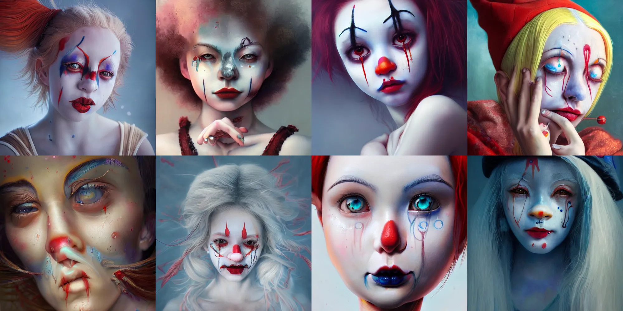 Prompt: breathtaking detailed painting of clown girl crying, piercing eyes, james jean, miho hirano, extremely moody lighting, hyperrealistic, octane render, rpg portrait, ambient light, dynamic lighting
