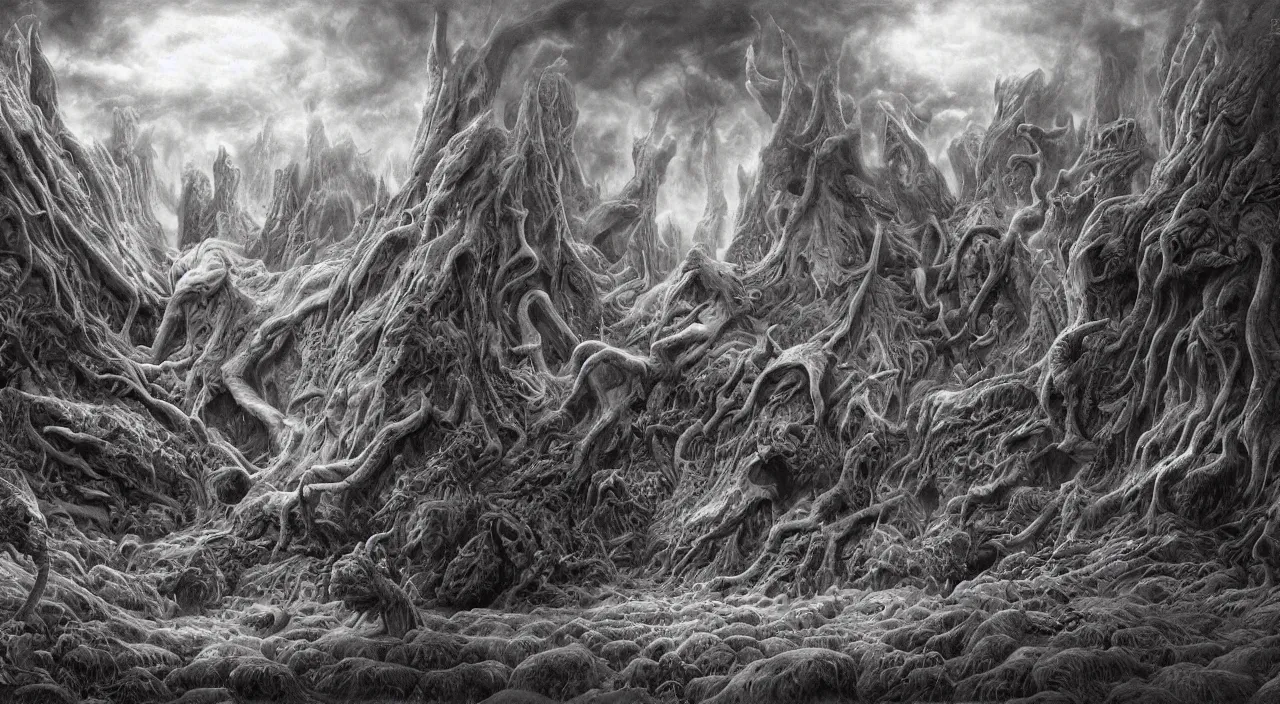 Image similar to a beautiful detailed portrait of satan with long horns. huge razor claws and fiery vortex eyes in a vast cosmic hellscape by roger dean, by laurie lipton, detailed, realistic shadows, volumetric lighting, mythical, rendered in redshift, matte painting