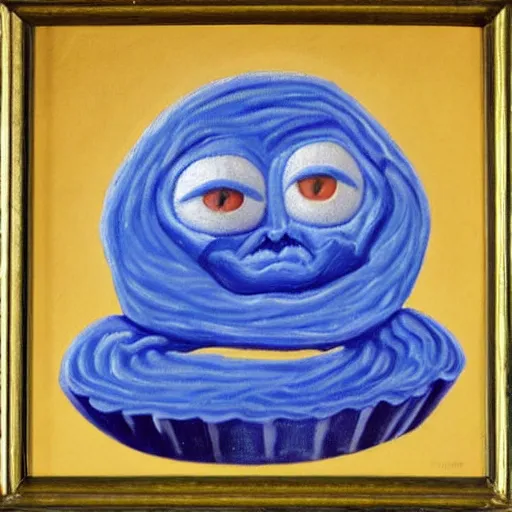 Prompt: A humanoid tasty looking cupcake with bushy eyebrows and grumpy face, blue light, extra detailed, oil painting, by MARGARET ANN EDEN, in the style of Bramley Apple (1995)