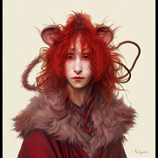 Image similar to portrait of a rat with a humanoid face, male, handsome, full body, furry chest, red hair, long hair, soft hair, fantasy, red kimono, intricate, elegant, highly detailed, suit, digital painting, artstation, concept art, character art, smooth, sharp focus, illustration, art by artgerm and greg rutkowski and alphonse mucha