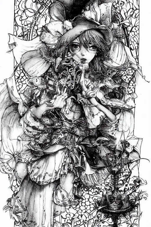 Image similar to Beautiful Alice in wonderland tarot card , pen and ink, intricate line drawings, by Yoshitaka Amano, Ruan Jia, Kentaro Miura, Artgerm, watercolor