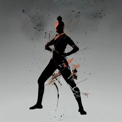 Prompt: vector image of a female figure posing as a martial artist, beuatiful, dark figure, brushstrokes, by ismail inceoglu, extremely detailed, 8 k