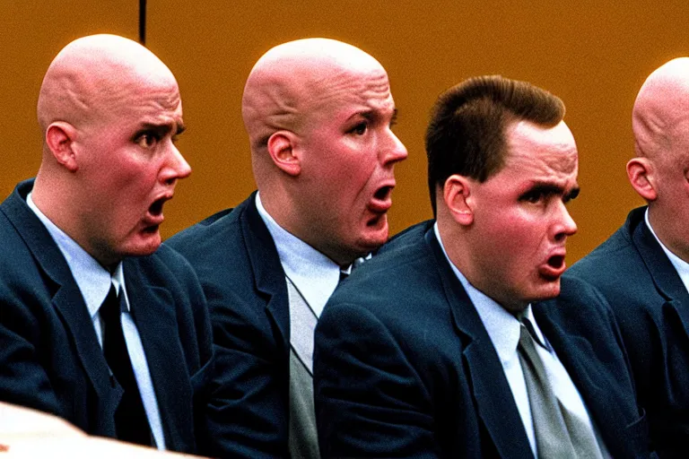 Prompt: coneheads testifying in court, detailed facial expressions