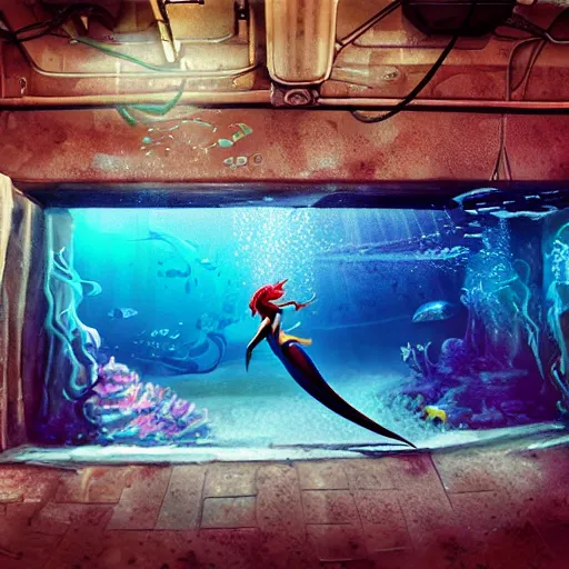 Prompt: underwater, cyberpunk, Ariel the little mermaid, lasers