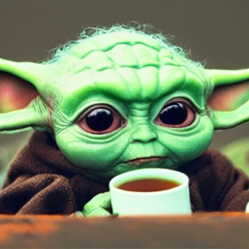 Image similar to baby yoda drinking green tea