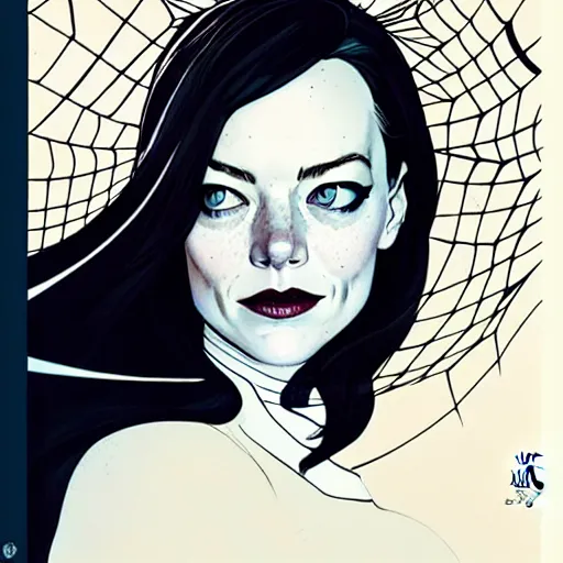 Image similar to Joshua Middleton comic cover art, Norman Rockwell, cinematics lighting, pretty Emma Stone as Spider Gwen symmetrical face, Marvel comics, hanging from white web, playful smirk, city in background