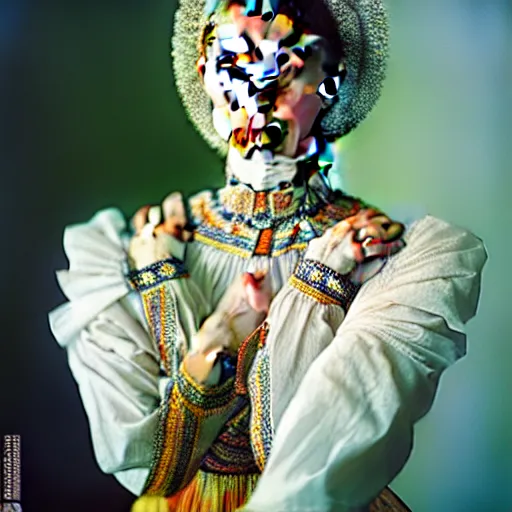 Prompt: hyperrealism photography in caravaggio style computer simulation visualisation of parallel universe sit - com scene with beautiful highly detailed ukrainian woman wearing ukrainian traditional suit designed by taras shevchenko that wearing neofuturistic neural interface by josan gonzalez. hyperrealism photo on pentax 6 7, kodak portra 4 0 0 volumetric natural light - s 1 5 0