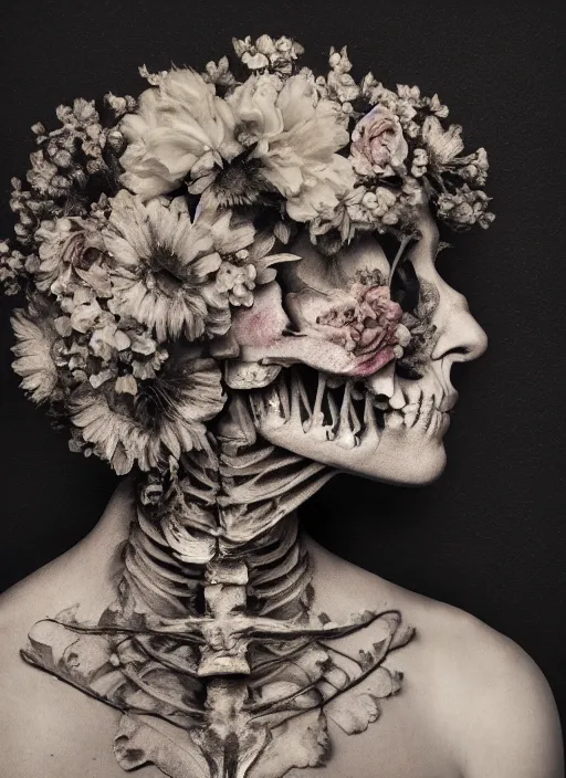 Image similar to a woman's face in profile, made of flowers skeleton, in the style of the Dutch masters and Gregory Crewdson, dark and moody