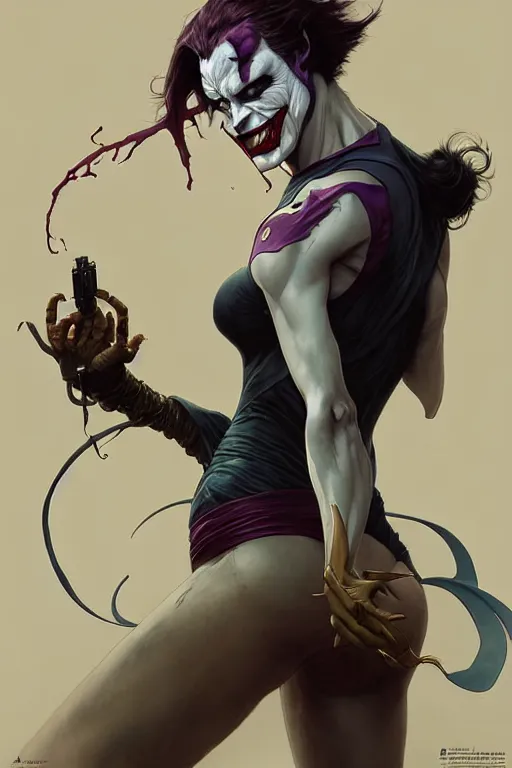 Prompt: aeon flux as the joker picture by Greg Rutkowski, dynamic pose, matte painting, intricate, fantasy concept art, elegant, by Stanley Artgerm Lau, WLOP, golden ratio, thomas kindkade, alphonse mucha, loish, Peter chung, norman Rockwell,