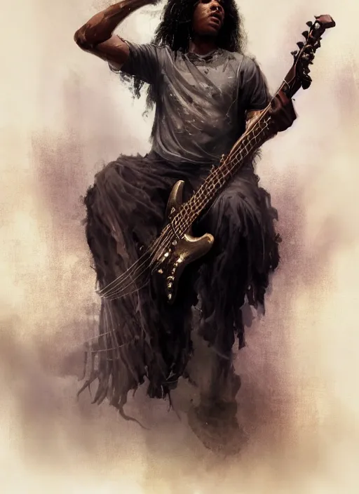 Image similar to fantasy changeling black kid with long curly hair playing electric guitar, between worlds, dim light, front game card, marvel comics, dark, intricate, highly detailed, smooth, artstation, digital illustration by ruan jia and mandy jurgens and artgerm and wayne barlowe and greg rutkowski and zdislav beksinski