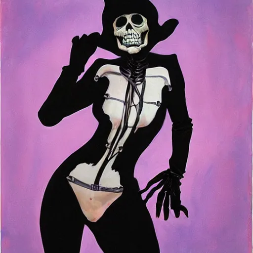 Image similar to portrait of a woman, wearing a skeleton catsuit, by alex ross.