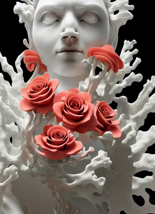 Image similar to biomechanical white marble statue made of corals, daisies, roses, well contoured smooth fair walls spraying perfume bottle, up close shot, sharp focus, global illumination, radiant light, alexandre ferra white mecha, irakli nadar, octane highly render, 4 k, ultra hd,