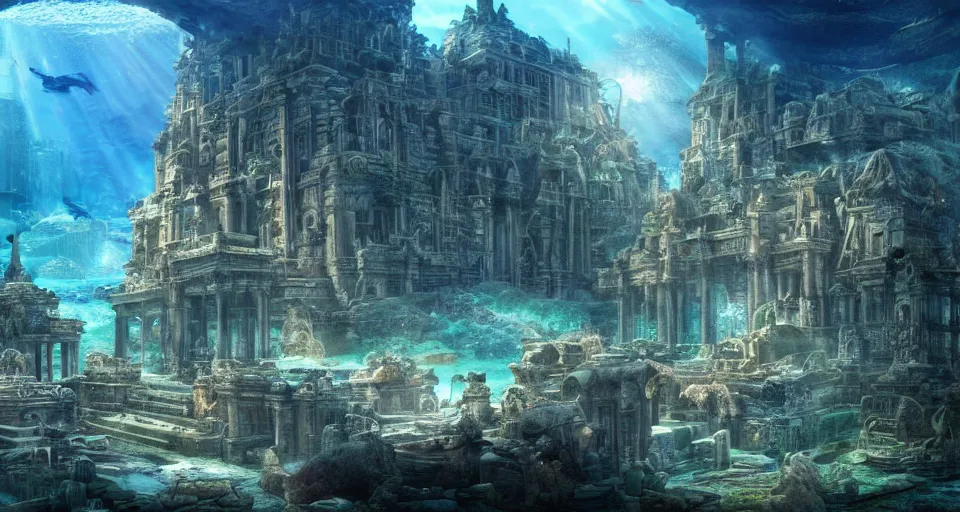 Prompt: a magnificent photo of the lost city of Atlantis, underwater, landscape, buildings, epic lighting, hyper detailed, 4K