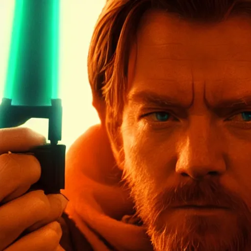 Image similar to obi-wan kenobi holding a lightsaber, star wars, ewan mcgregor, high quality, 4k, photography, professional, film, promotional image, dramatic lightning, cinema, portrait, detailed face, sharp focus, DSLR, HDR,