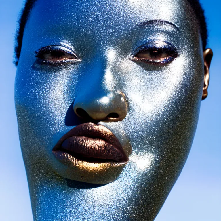 Image similar to portrait of metallic face, african woman, mercury, reflections, smooth liquid metal texture, proud looking, outdoor, nature, blue sky, 8 k, realistic, depth of field, highly detailed, art photography