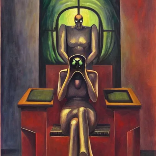 Image similar to evil cyborg mastermind on a throne, human subjugation, mind control, dystopian, pj crook, edward hopper, oil on canvas