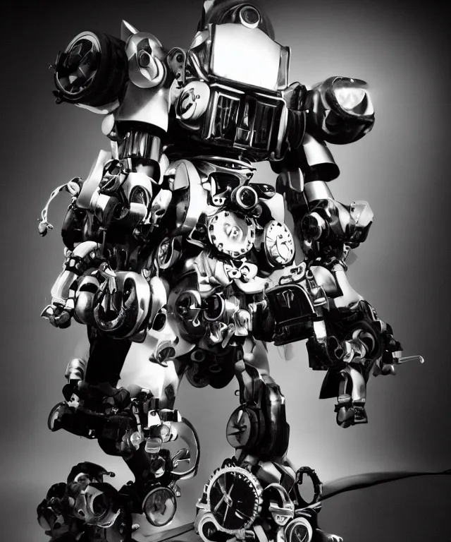 Prompt: a black and white photograph of a baby driving a steampunk mecha, tri-x, Studio lighting