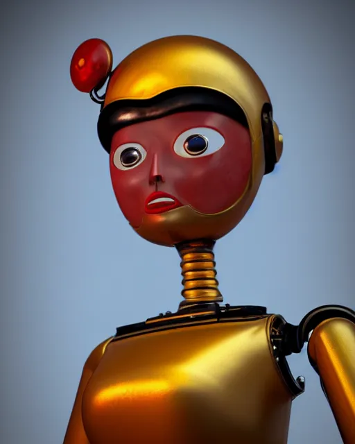Image similar to highly detailed closeup, face profile portrait of a tin toy retro 1 9 5 0 s robot, bikini, unreal engine, max fleischer, global illumination, detailed and intricate environment