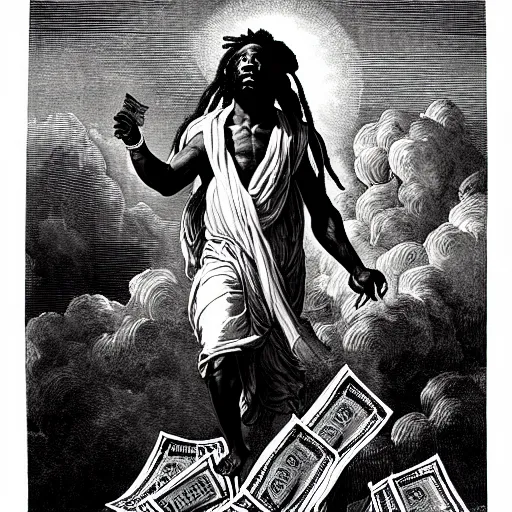 Prompt: black man with dreads ascending into heaven holding stacks of cash, biblical image, style of gustave dore, highly detailed, beautiful, high contrast, black and white