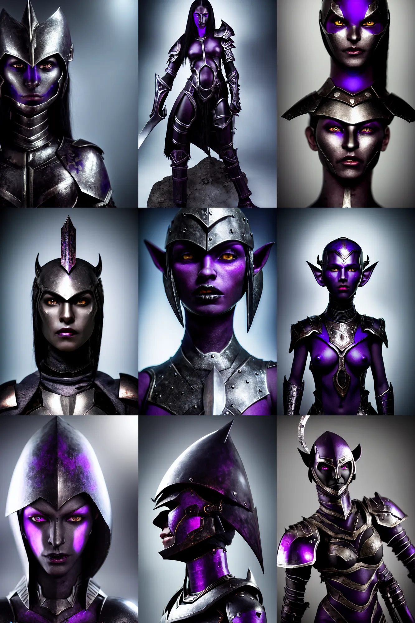 Prompt: an ultra high definition real life head shot photograph of female dark elf with dark black purple skin wearing metal armour and sword in an underground environment. close up. three point lighting. volumetric. refraction. extremely detailed. soft focus. ambient light sources. haze artefacts, light glare, art directed. filmic. stark.