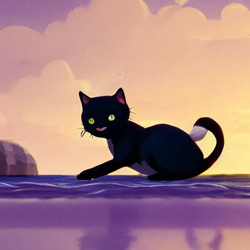 Image similar to a wholesome animation creative key shot of a black cat sailing a boat in the night, full shot, studio ghibli, pixar and disney animation, sharp, rendered in unreal engine 5, anime key art by greg rutkowski, bloom, dramatic lighting