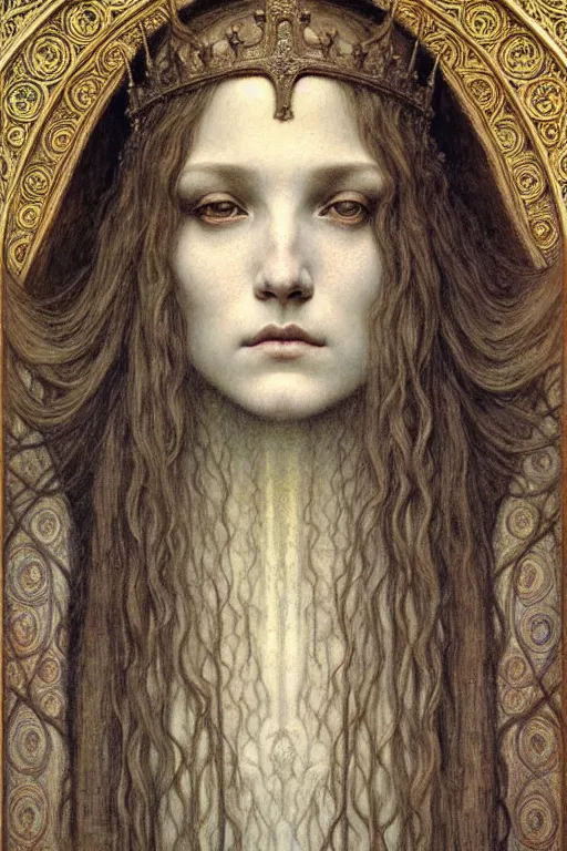 Image similar to detailed realistic beautiful young medieval queen face portrait by jean delville, gustave dore and marco mazzoni, art nouveau, symbolist, visionary, gothic, pre - raphaelite. horizontal symmetry