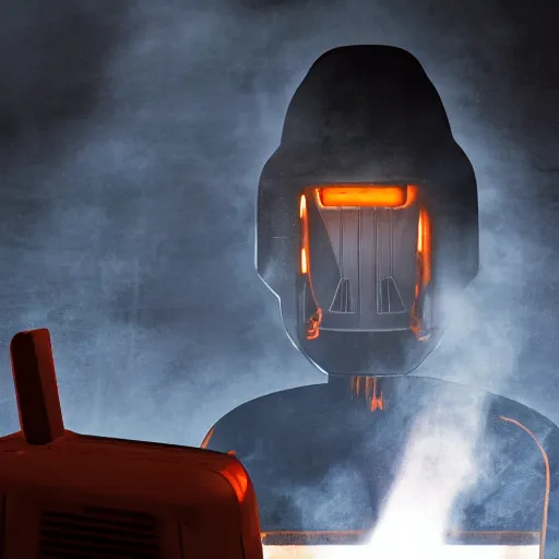 Image similar to toaster oven mecha head, dark messy smoke - filled cluttered workshop, dark, dramatic lighting, orange tint, sparks, cinematic, highly detailed, sci - fi, futuristic, movie still