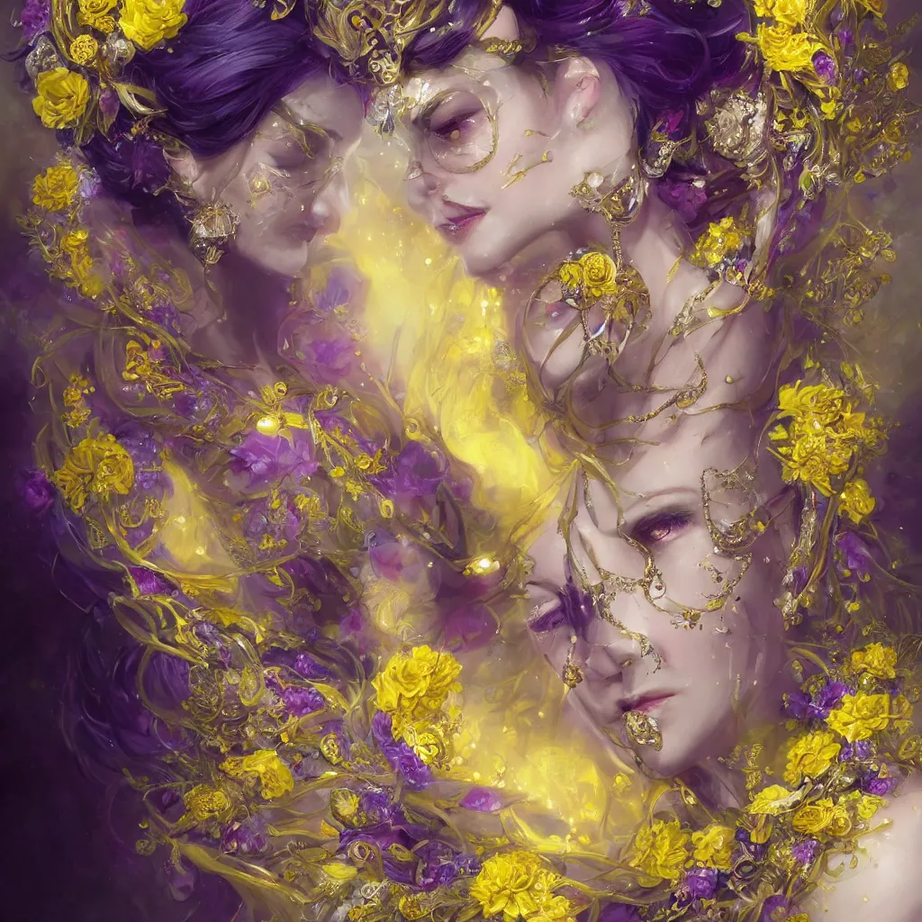 Prompt: realistic character concept, the empress with lots of jewelry and yellow and purple flowers in the face, elegant pose, scifi, illustration, slender symmetrical face and body, artstation, cinematic lighting, hyperdetailed, 8 k, high resolution, inspirate by charlie bowater, tom bagshaw, insanely detailed and intricate, elegant, dark fractal background, vfx, art deco, postprocessing