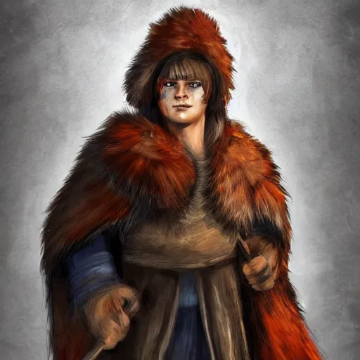 Prompt: head and shoulders character portrait of Bjørn, a young travelling shaman wearing a bearskin cloak and holding a fang dagger. D&D character art.