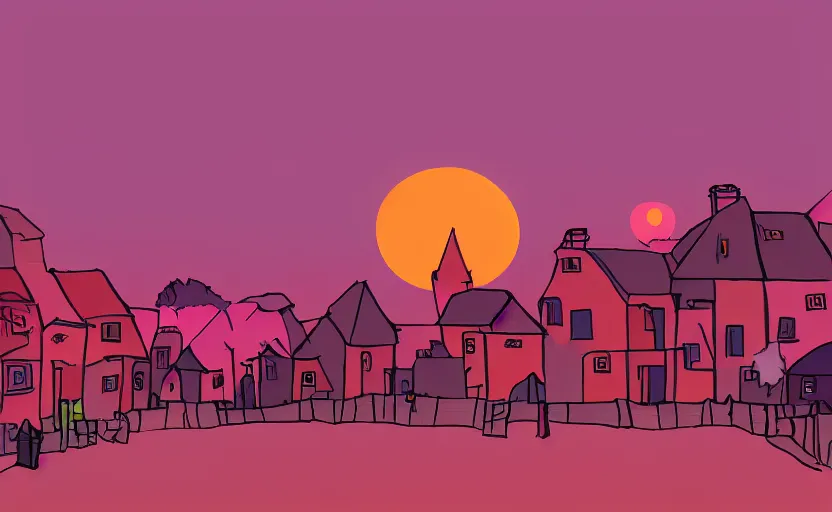 Prompt: village, houses with faces, sunset atmosphere, pink, low contrast, light, naive, detailed, cinematic, drawing, game