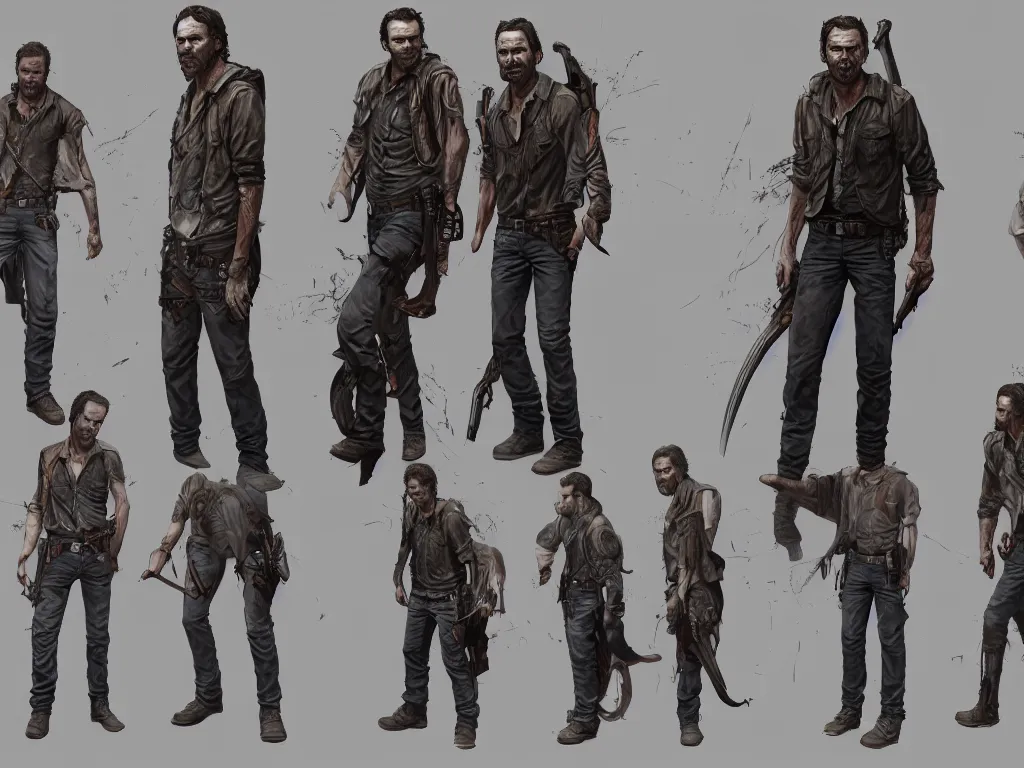 Image similar to character design sheet, rick grimes, the walking dead, fantasy, medieval, vivid colors, concept art, sharp focus, digital art, Hyper-realistic, 4K, Unreal Engine, Highly Detailed, HD, Dramatic Lighting by Brom, trending on Artstation