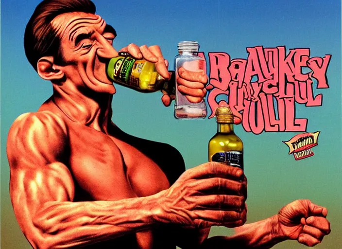 Image similar to barry chuckle drinking a bottle of snake oil, snake oil advertisement from 1 9 8 8, artwork by richard corben and rene magritte, 3 d, high resolution 8 k